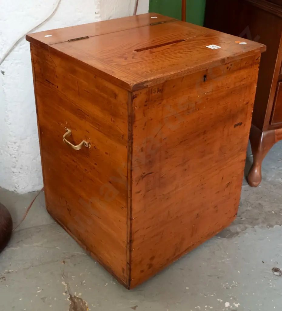 vintage kauri ballot box with hinged lid, brass side handles, marked No 185 on front, replaced pine top, has had lock Image 1++