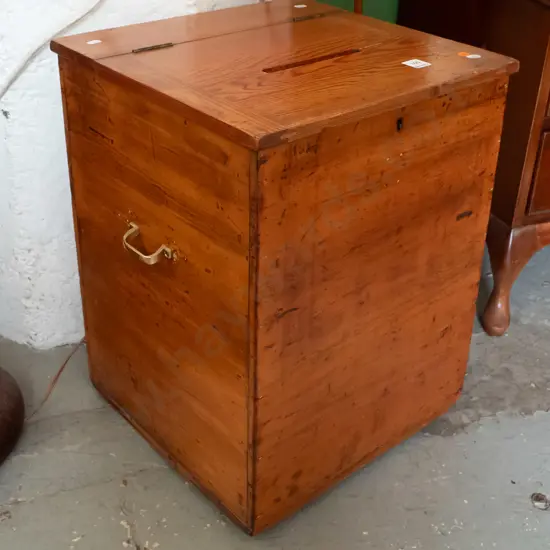 vintage kauri ballot box with hinged lid, brass side handles, marked No 185 on front, replaced pine top, has had lock
