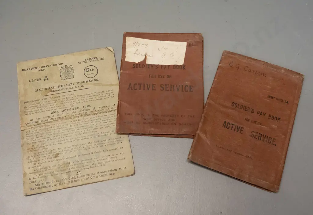 two first world war vintage New Zealand soldiers pay books and a 1913 National Health Insurance coupon book Image 1++