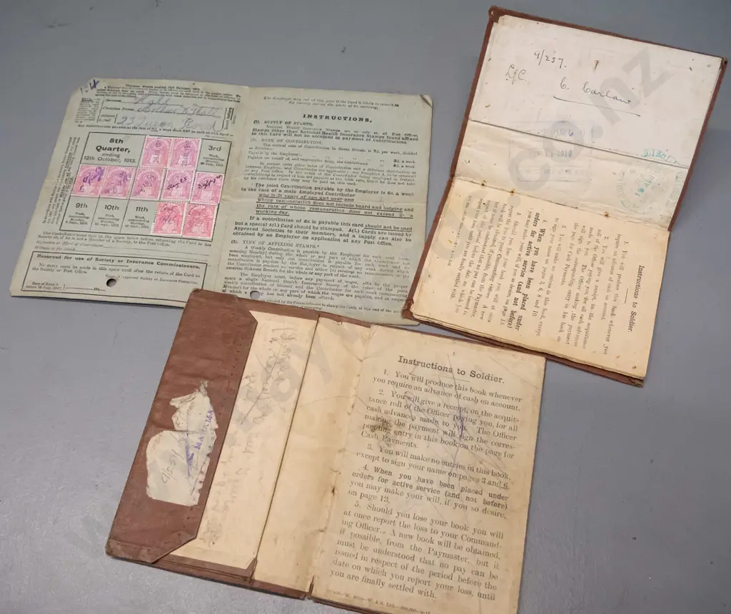 two first world war vintage New Zealand soldiers pay books and a 1913 National Health Insurance coupon book Image 1++