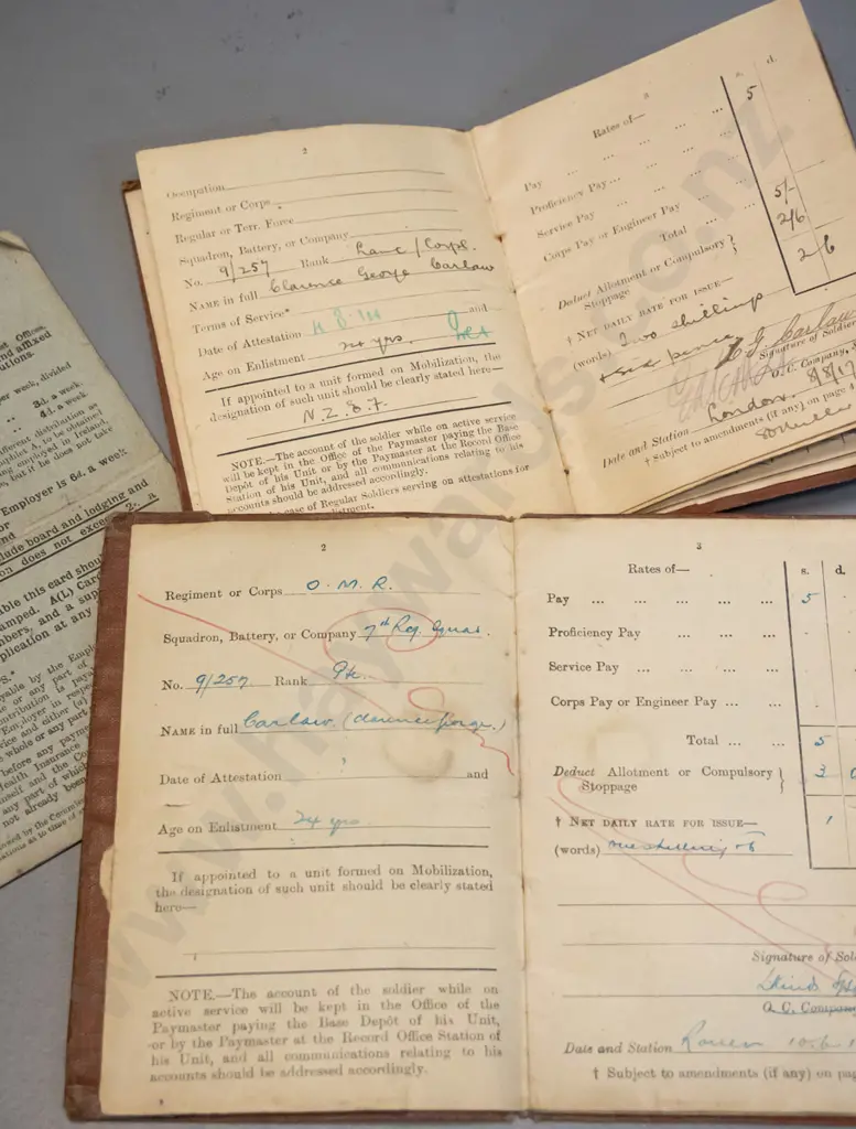 two first world war vintage New Zealand soldiers pay books and a 1913 National Health Insurance coupon book Image 1++