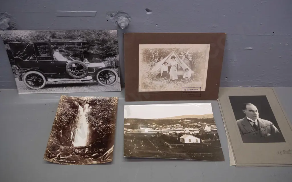 3 unmounted and 2 mounted vintage photographs, some Dunedin - 1878 St. David street, Nichol's Falls, Temuka group, Image 1++