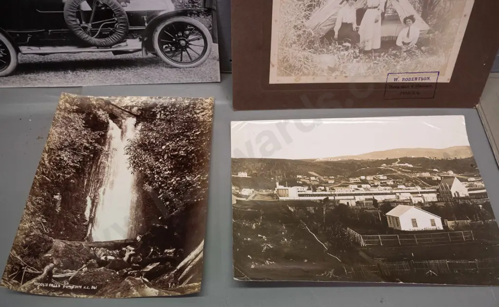 3 unmounted and 2 mounted vintage photographs, some Dunedin - 1878 St. David street, Nichol's Falls, Temuka group, Image 1++