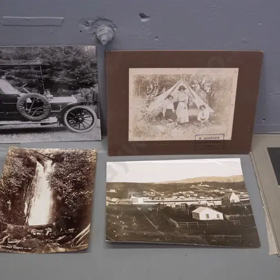3 unmounted and 2 mounted vintage photographs, some Dunedin - 1878 St. David street, Nichol's Falls, Temuka group,