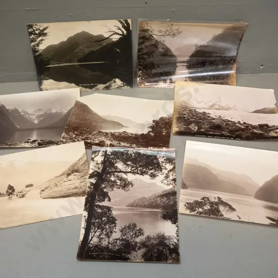 8 unmounted vintage photographs - Lake Rere, Kawarau Falls, Milford, George Sound, Lake Ada, etc.