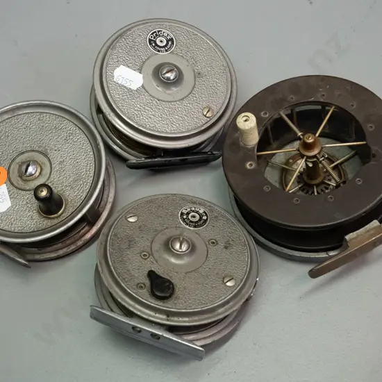 4 metal cased fly fishing reels - JW Young & Sons - 2 marked Pridex, 1 Condex, aerial style bakelite and metal has no