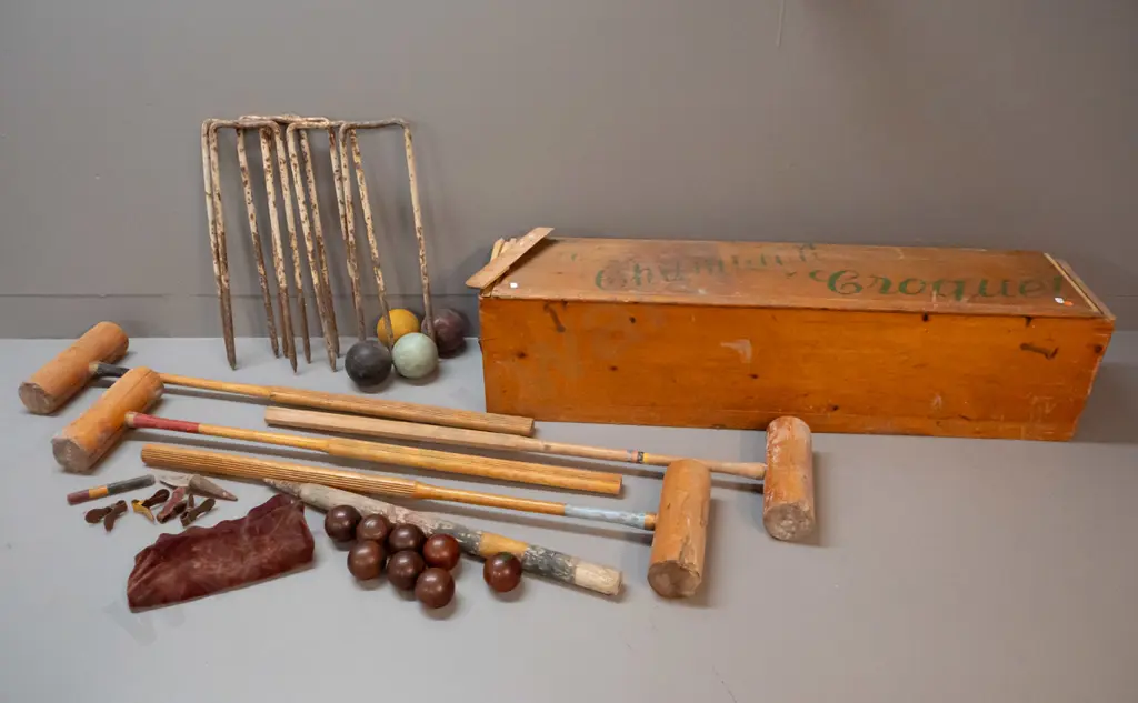 vintage "Champion" croquet set in large timber case with hinged lid - one mallet non matching, assorted balls, heavy Image 1++