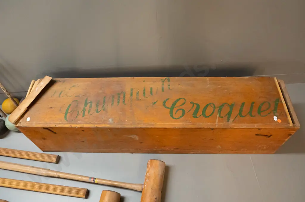 vintage "Champion" croquet set in large timber case with hinged lid - one mallet non matching, assorted balls, heavy Image 1++