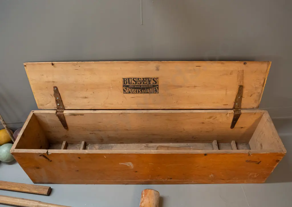 vintage "Champion" croquet set in large timber case with hinged lid - one mallet non matching, assorted balls, heavy Image 1++