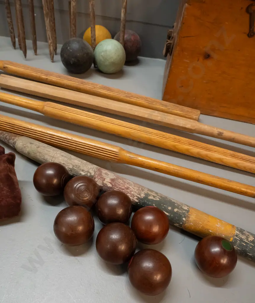 vintage "Champion" croquet set in large timber case with hinged lid - one mallet non matching, assorted balls, heavy Image 1++