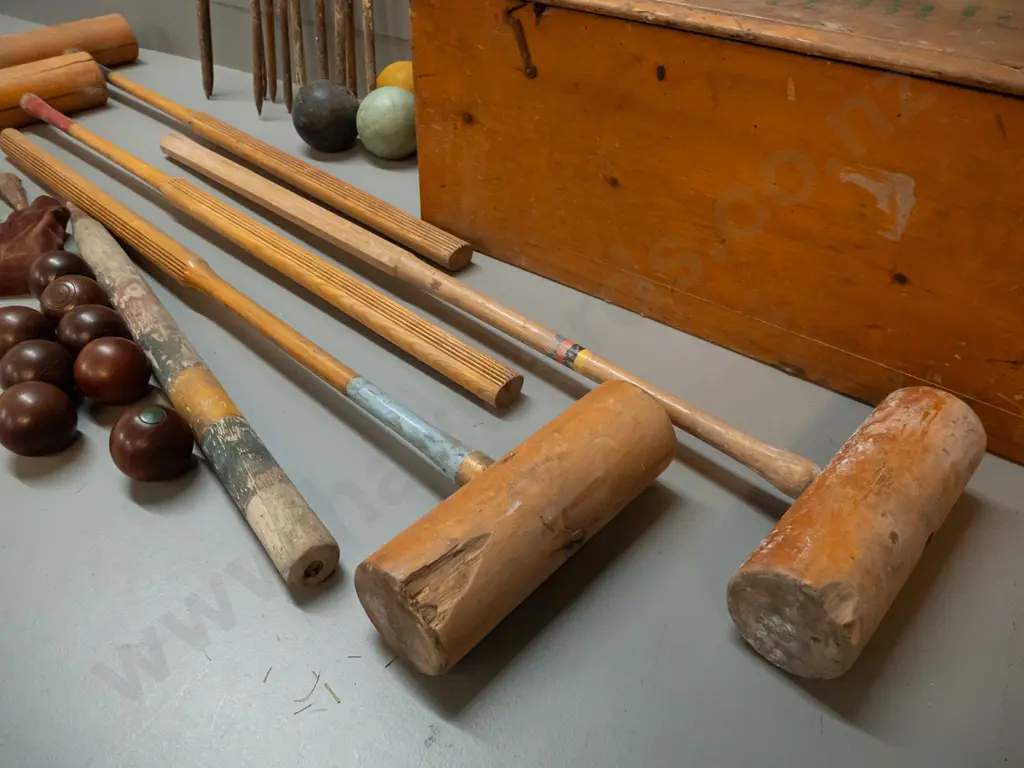 vintage "Champion" croquet set in large timber case with hinged lid - one mallet non matching, assorted balls, heavy Image 1++