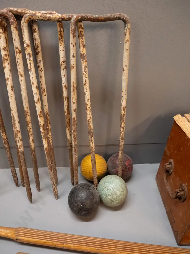 vintage "Champion" croquet set in large timber case with hinged lid - one mallet non matching, assorted balls, heavy Image 1++
