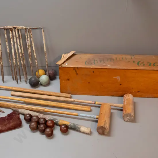 vintage "Champion" croquet set in large timber case with hinged lid - one mallet non matching, assorted balls, heavy