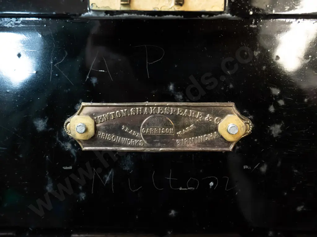 vintage metal cash box with pierced handle, Newton Shakespeare Birmingham plaque inside, working lock and key and tray Image 1++
