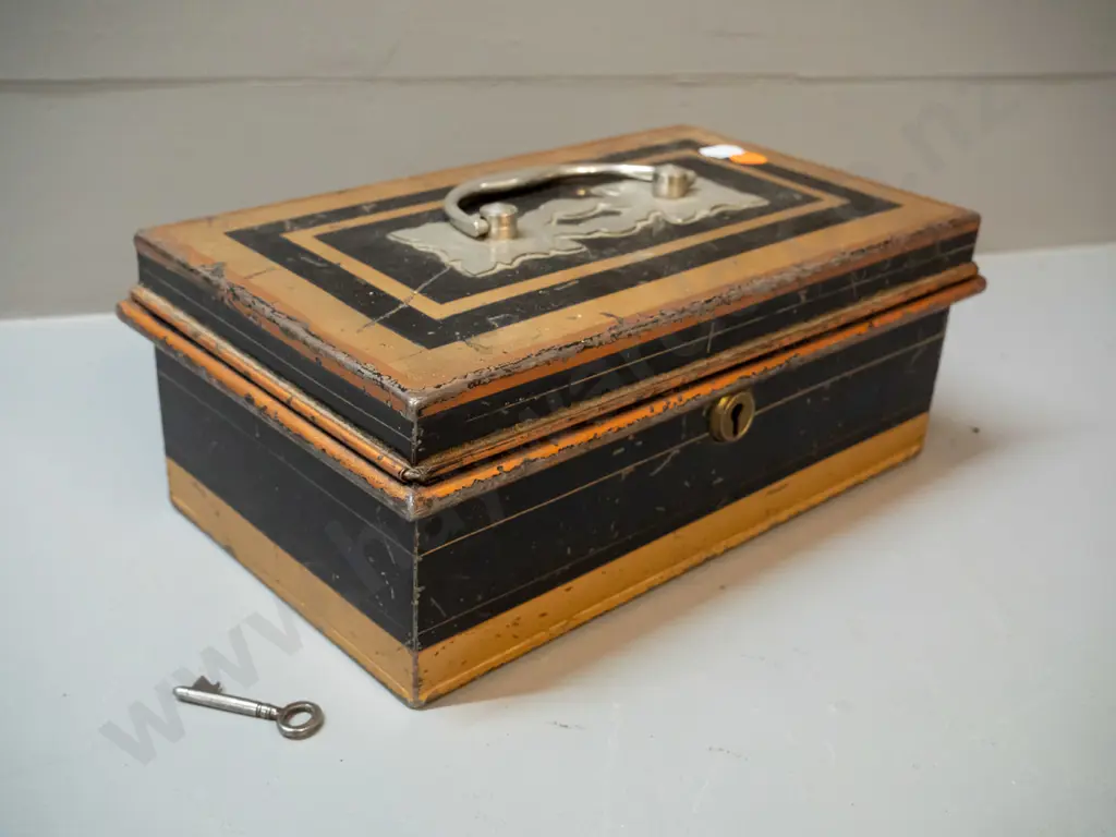 vintage metal cash box with pierced handle, Newton Shakespeare Birmingham plaque inside, working lock and key and tray Image 1++