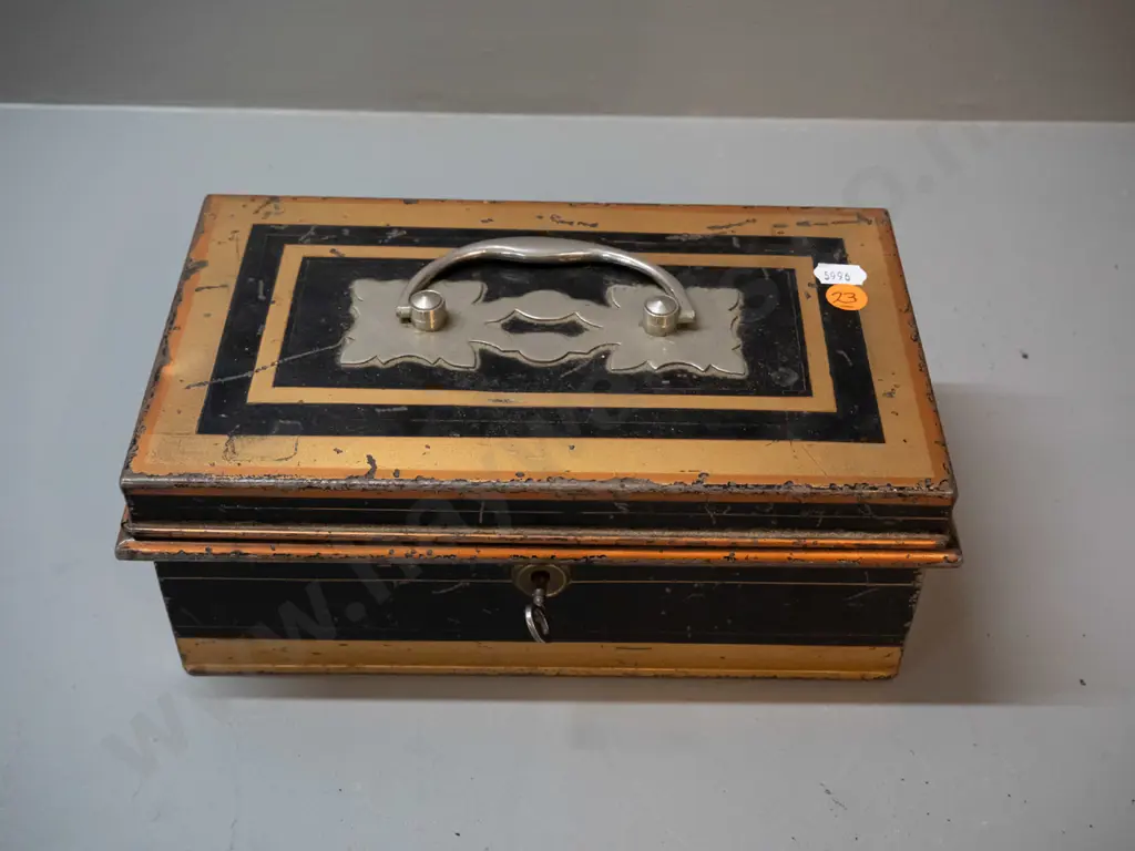 vintage metal cash box with pierced handle, Newton Shakespeare Birmingham plaque inside, working lock and key and tray Image 1++