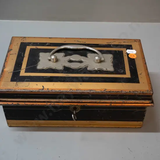 vintage metal cash box with pierced handle, Newton Shakespeare Birmingham plaque inside, working lock and key and tray