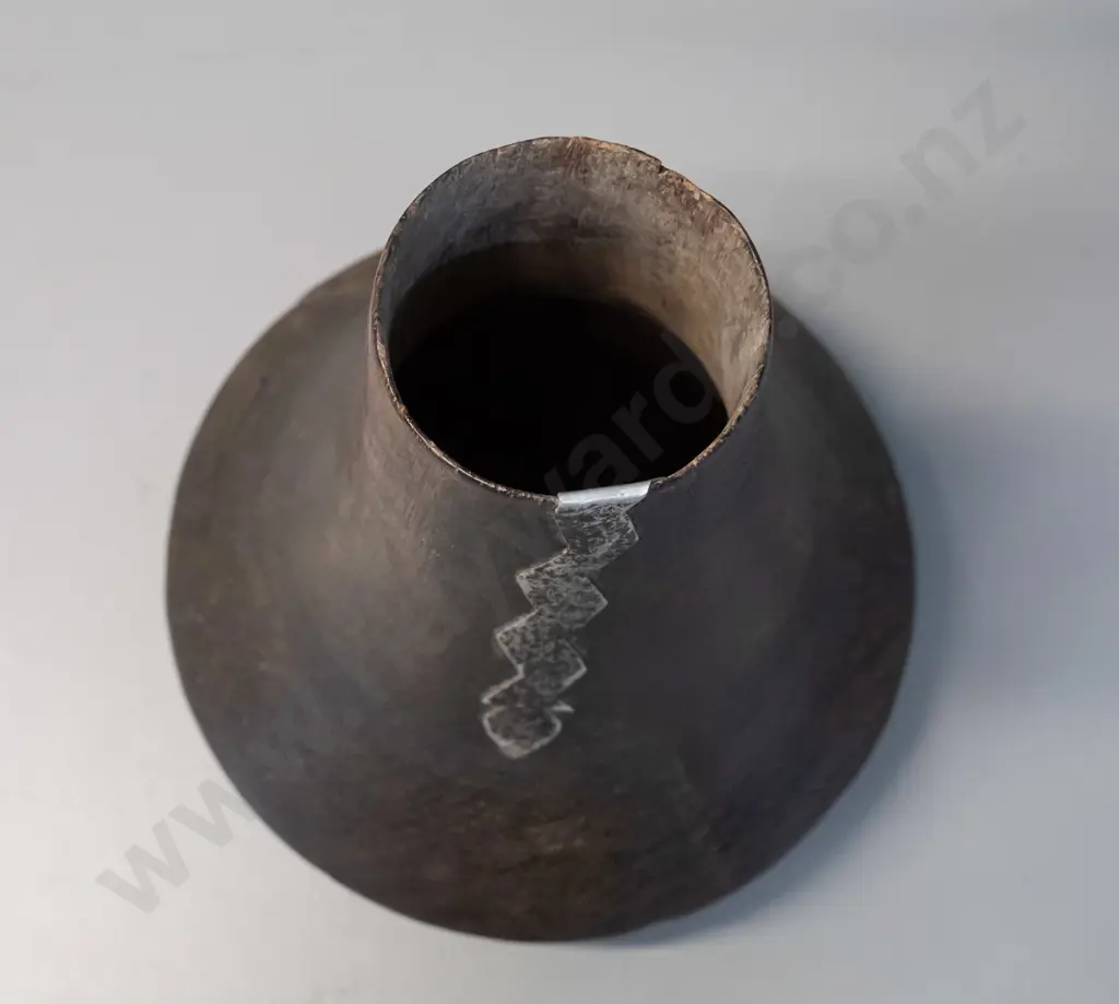 vintage carved hardwood milk container with decorative metal trim - Hima tribe, Uganda. Cracks and chips H-225 D-200 Image 1++