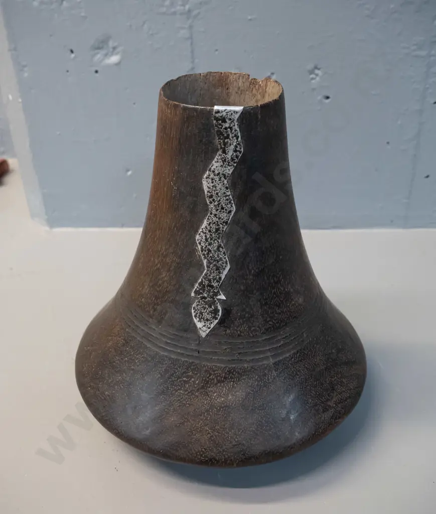vintage carved hardwood milk container with decorative metal trim - Hima tribe, Uganda. Cracks and chips H-225 D-200 Image 1++