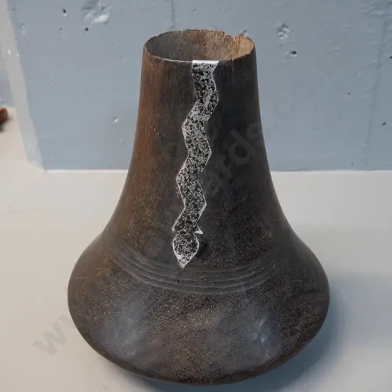 vintage carved hardwood milk container with decorative metal trim - Hima tribe, Uganda. Cracks and chips H-225 D-200