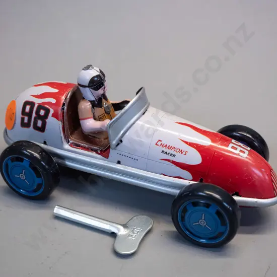 reproduction small wind-up tin toy racer with key - marked made in China H-60 L-130