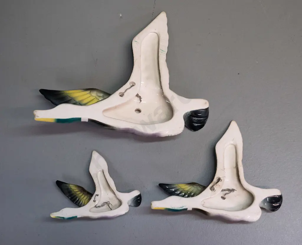 set of 3 flying wall ducks, no maker's marks - middle size has had repairs - largest is H-150 L-180 Image 1++