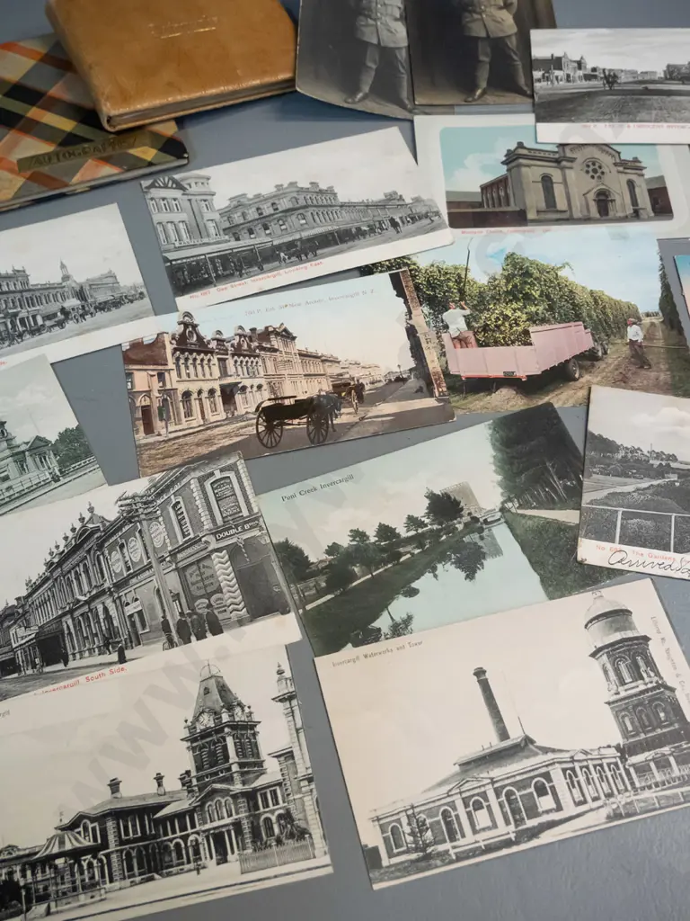 assorted Invercargill postcards, 2 autograph books with 1930s-40s dates plus a few other postcards and photos Image 1++