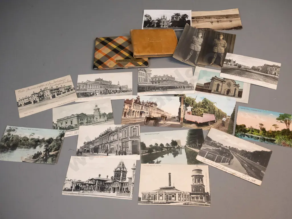 assorted Invercargill postcards, 2 autograph books with 1930s-40s dates plus a few other postcards and photos Image 1++