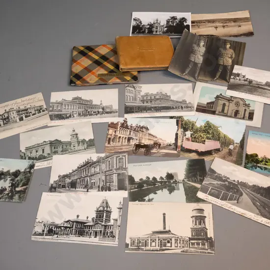 assorted Invercargill postcards, 2 autograph books with 1930s-40s dates plus a few other postcards and photos