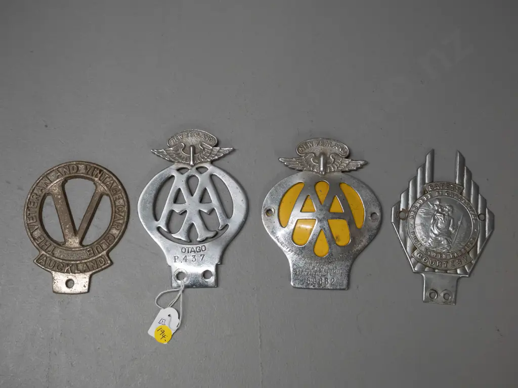 4 cast metal car badges - vintage AA Otago number P437, AA NZ with yellow back plate, Veteran & Vintage car club Image 1++
