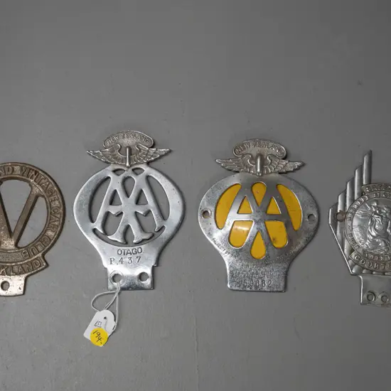 4 cast metal car badges - vintage AA Otago number P437, AA NZ with yellow back plate, Veteran & Vintage car club