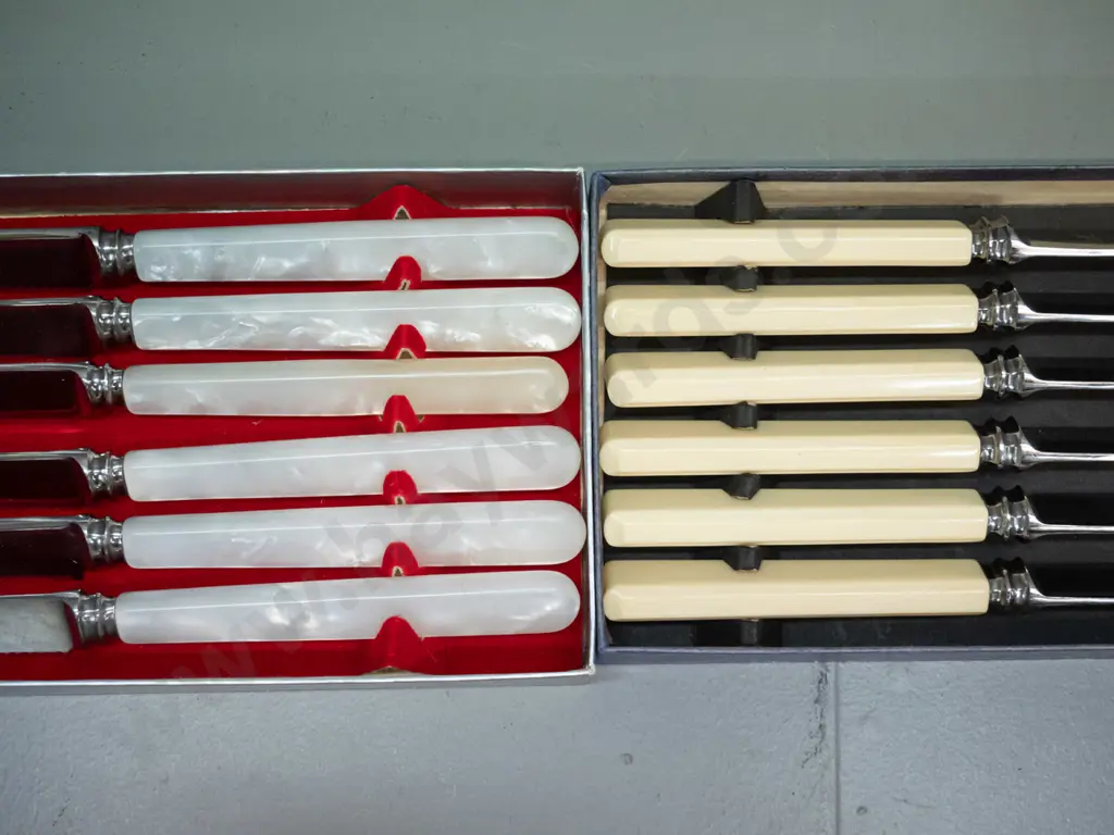 2 sets of 6 plated knives - Rodd fruit knives with pearlized handles & Hiram-Wild square bone-handled dinner knives Image 1++