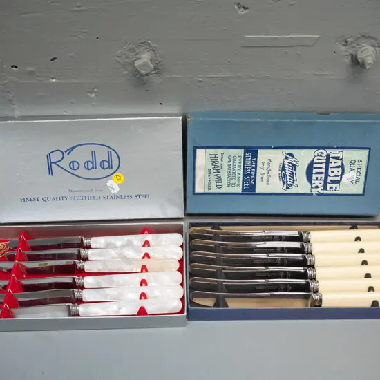 2 sets of 6 plated knives - Rodd fruit knives with pearlized handles & Hiram-Wild square bone-handled dinner knives