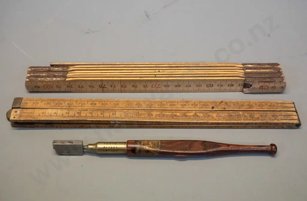 antique Victorian timber and brass glass cutter with Charratt & Newth London label L-180 and 2 brass and timber folding Image 1++