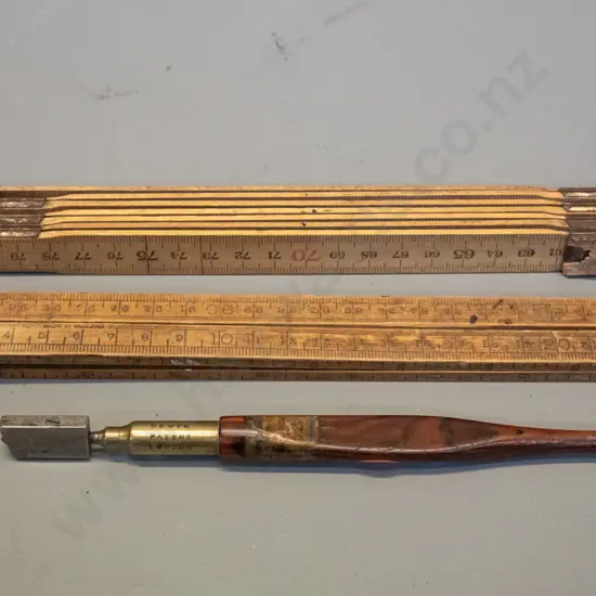 antique Victorian timber and brass glass cutter with Charratt & Newth London label L-180 and 2 brass and timber folding