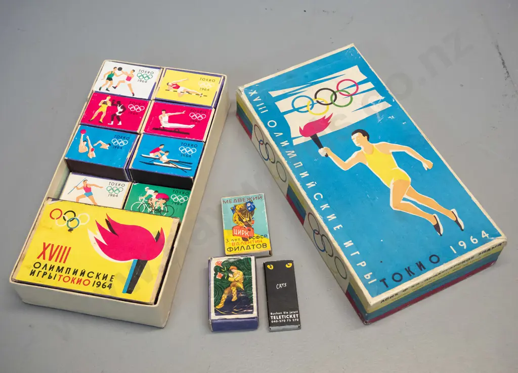 Soviet 1964 Tokyo Olympics souvenir matchbox set, missing a few original small boxes, plus a few others. L-240 W-125 Image 1++