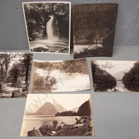 7 vintage photographs, one is double sided - Buller Gorge, Wet Jacket Arm, Lake Moa Milford Sound, etc.
