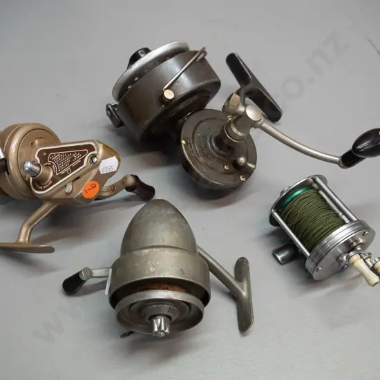 4 metal cased fishing casting reels - Young & Sons Ambidex, Harrington & Sons, Pezon & Michel Luxor France, and Ocean