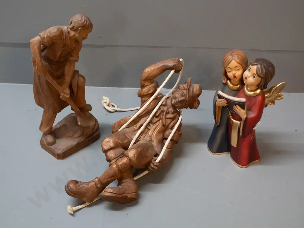 3 German carved timber figures - man with shovel, mountaineer on rope, and painted singing angel figure marked Bildhauer Image 1++