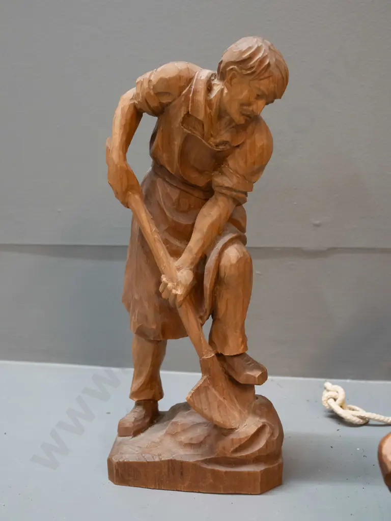 3 German carved timber figures - man with shovel, mountaineer on rope, and painted singing angel figure marked Bildhauer Image 1++