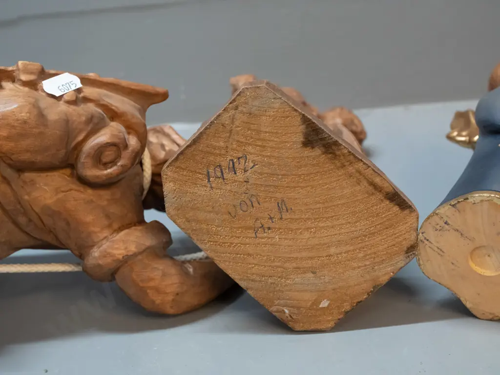 3 German carved timber figures - man with shovel, mountaineer on rope, and painted singing angel figure marked Bildhauer Image 1++