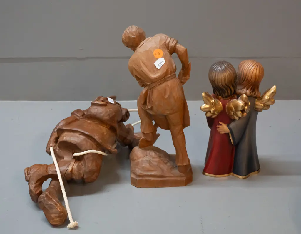 3 German carved timber figures - man with shovel, mountaineer on rope, and painted singing angel figure marked Bildhauer Image 1++