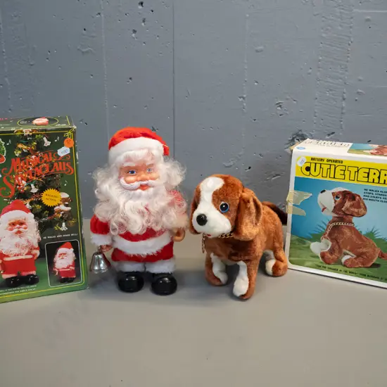 2 retro battery powered toys in original boxes - Cutie Terrier and musical Santa Claus H260. Untested but battery