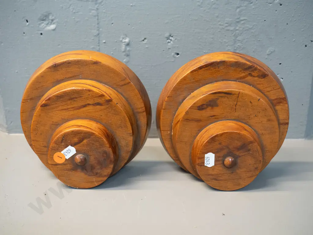 pair of figured kauri circular form book-ends with R.D. Waller Akaroa NZ native wood souvenirs label - one has a loose Image 1++