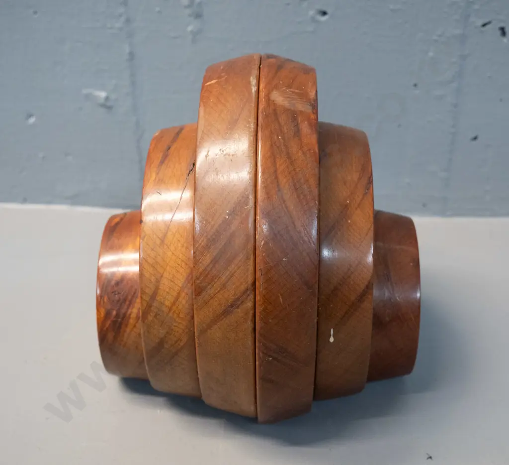 pair of figured kauri circular form book-ends with R.D. Waller Akaroa NZ native wood souvenirs label - one has a loose Image 1++