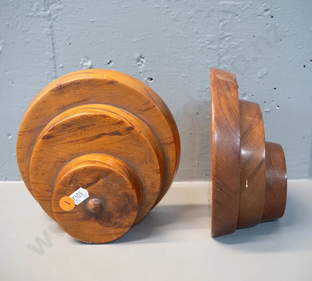pair of figured kauri circular form book-ends with R.D. Waller Akaroa NZ native wood souvenirs label - one has a loose Image 1++
