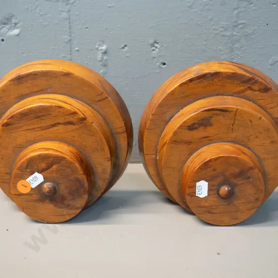 pair of figured kauri circular form book-ends with R.D. Waller Akaroa NZ native wood souvenirs label - one has a loose