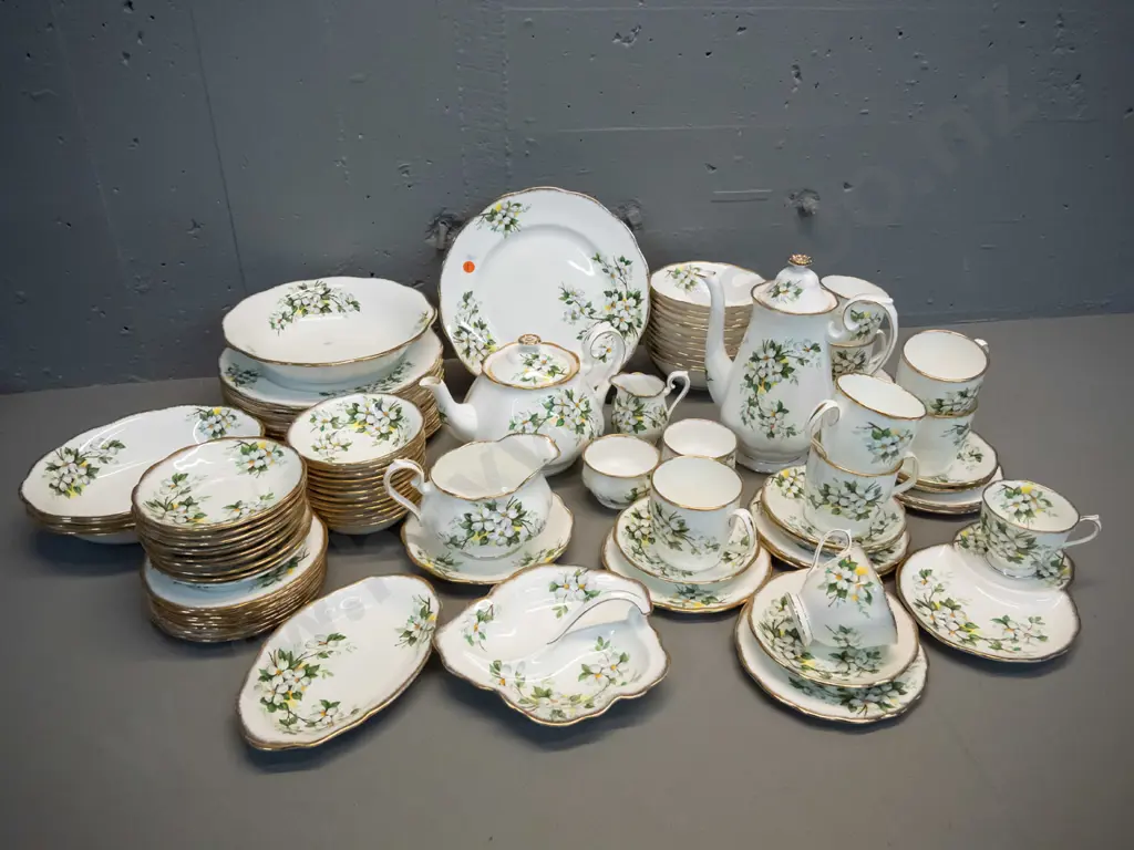 large assortment of Royal Albert "White Dogwood" pattern dinnerware including tea and coffee pot, 12 dinners, 7 mugs, Image 1++