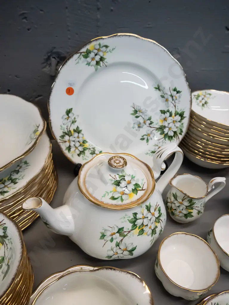 large assortment of Royal Albert "White Dogwood" pattern dinnerware including tea and coffee pot, 12 dinners, 7 mugs, Image 1++