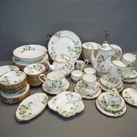 large assortment of Royal Albert "White Dogwood" pattern dinnerware including tea and coffee pot, 12 dinners, 7 mugs,